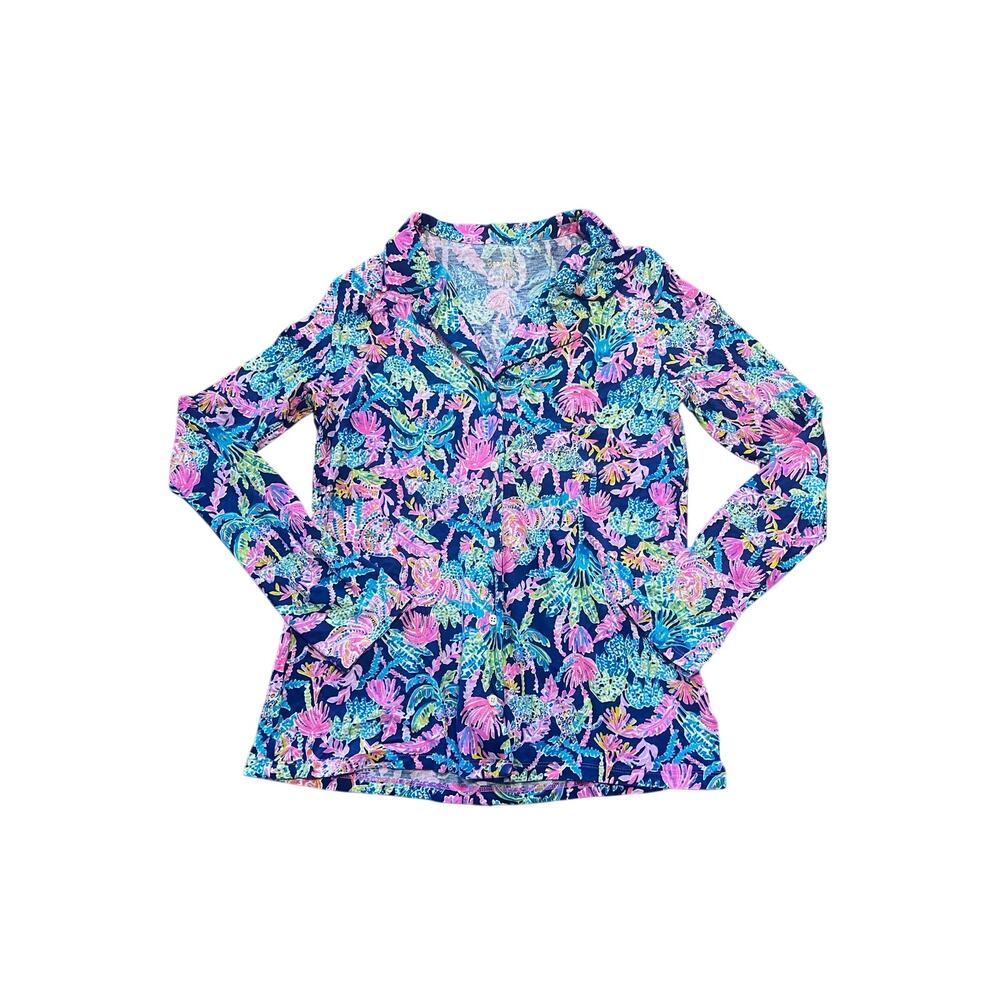 Lilly Pulitzer Oyster Bay Navy Seen And Herd PJ Knit Button Up Top | S